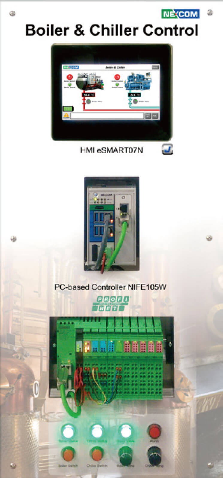 Multi-fieldbus communication PC-based controller with CODESYS RTE HMI with JMobile runtime included Scenario for facility simulation with 4 indicators, 2 push button and 2 knobs